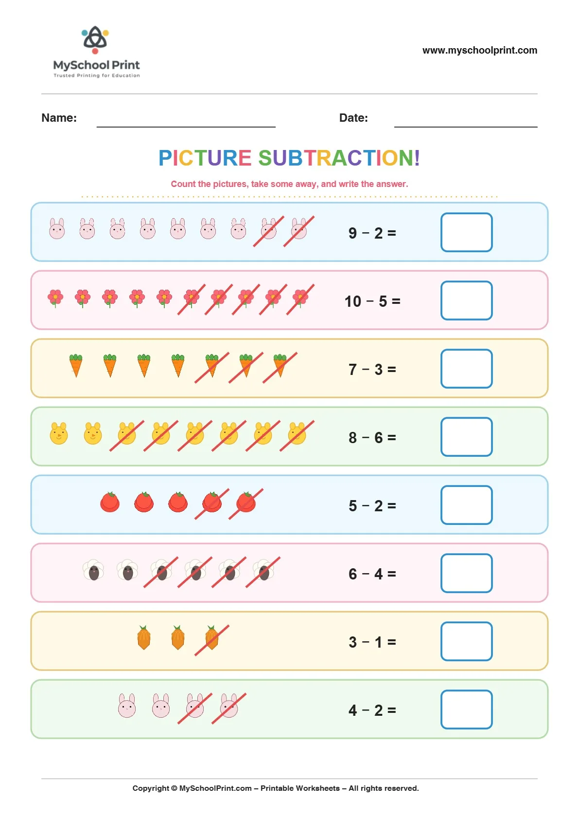 Subtraction worksheet 2 for kindergarten kids
