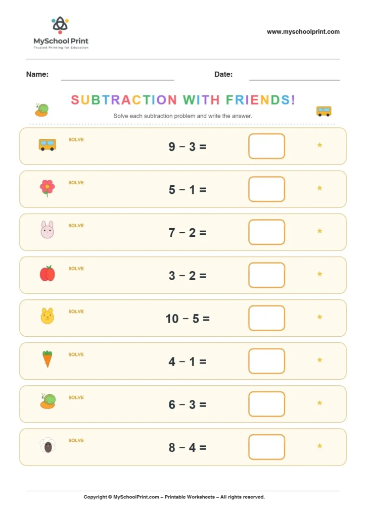 Subtraction worksheet 20 for kindergarten kids