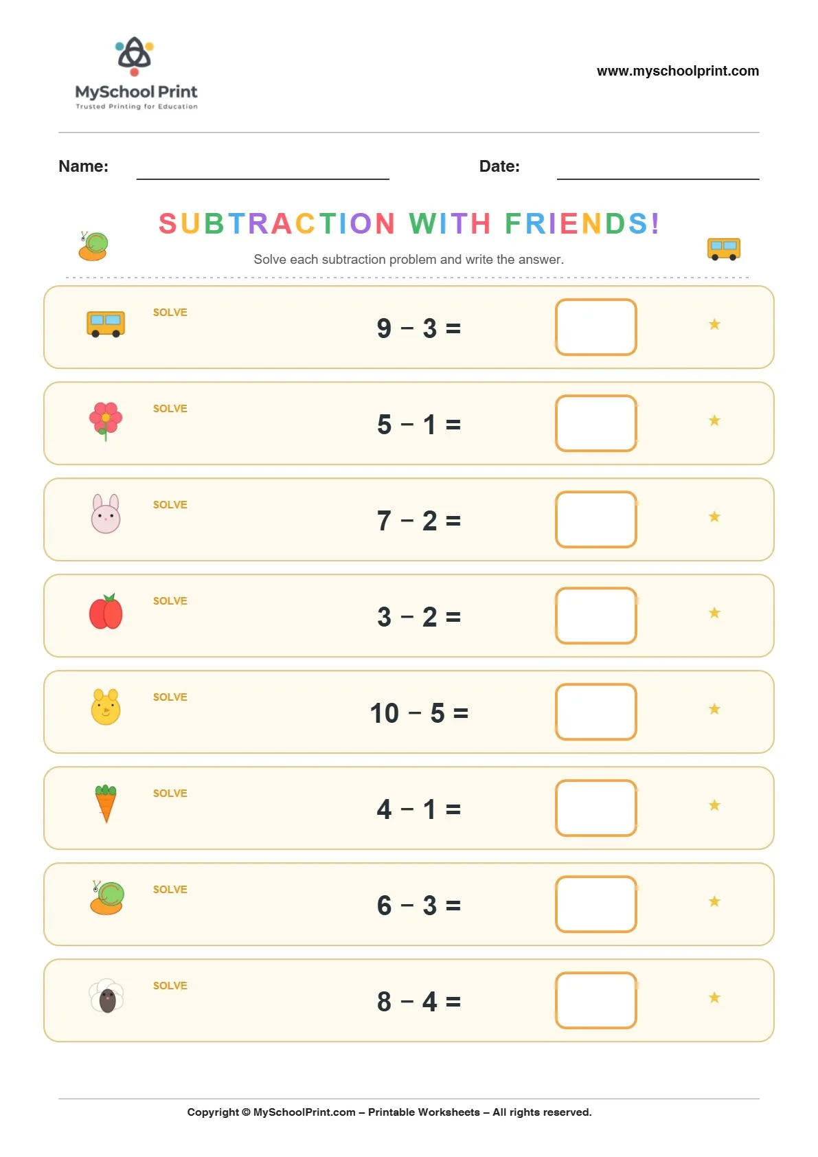 Subtraction worksheet 20 for kindergarten kids