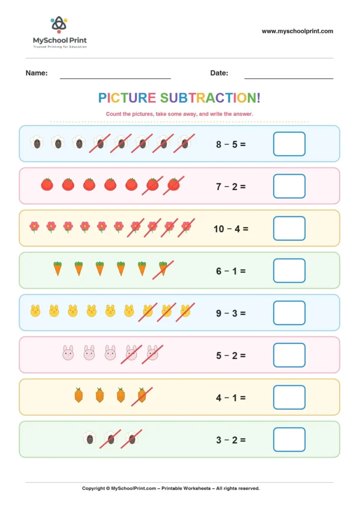 Subtraction worksheet 3 for kindergarten kids