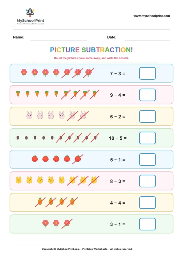 Subtraction worksheet 4 for kindergarten kids