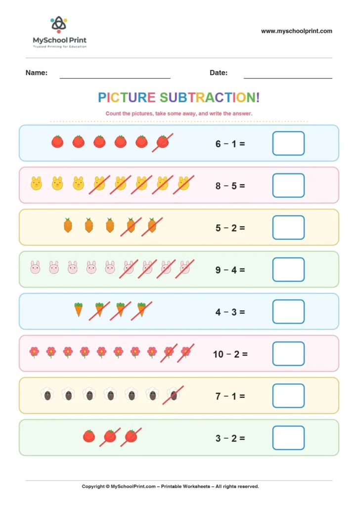 Subtraction worksheet 5 for kindergarten kids