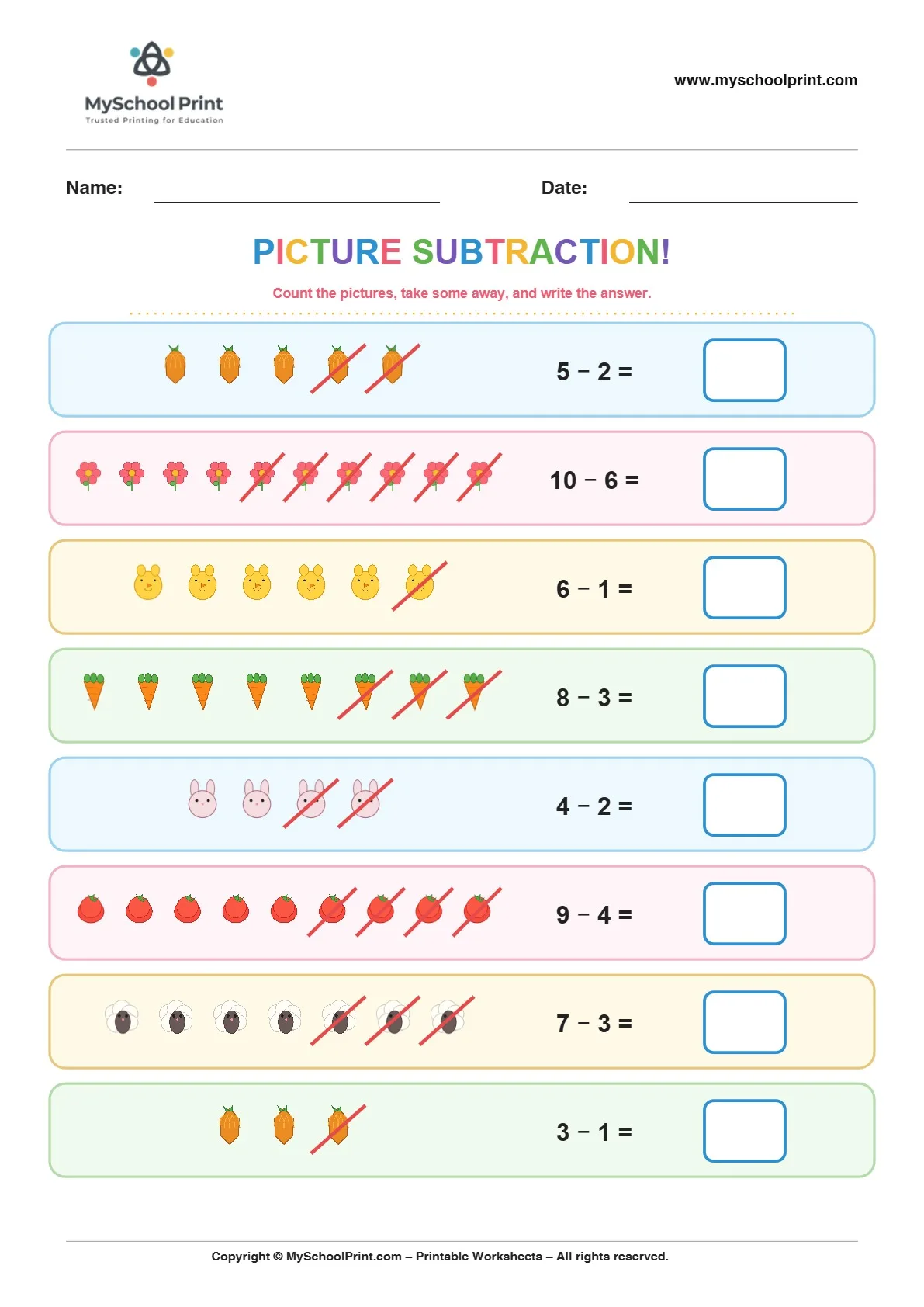 Subtraction worksheet 6 for kindergarten kids