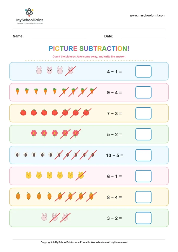 Subtraction worksheet 7 for kindergarten kids