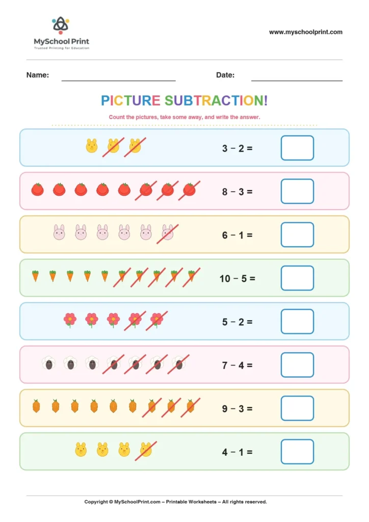 Subtraction worksheet 8 for kindergarten kids