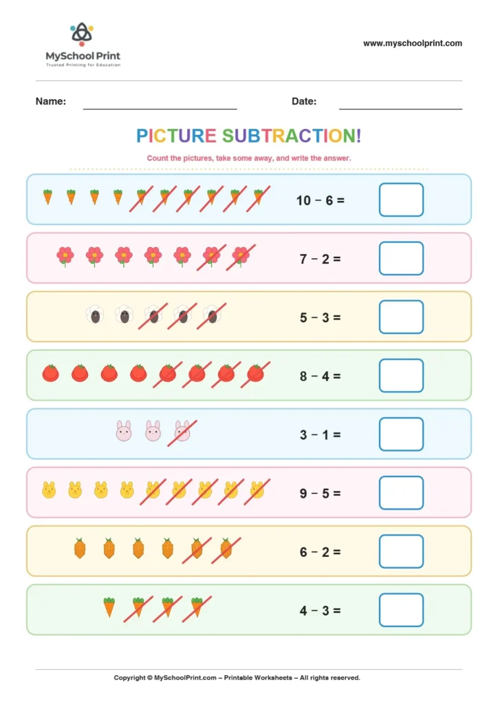 Subtraction worksheet 9 for kindergarten kids