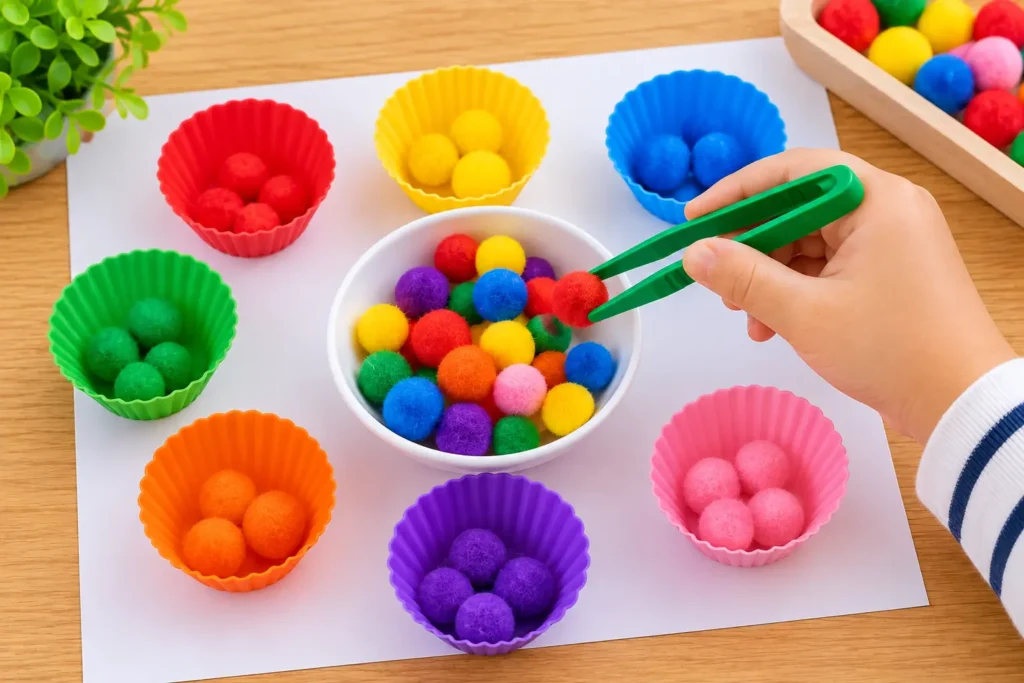 Child using tweezers to develop fine motor skills and hand-eye coordination