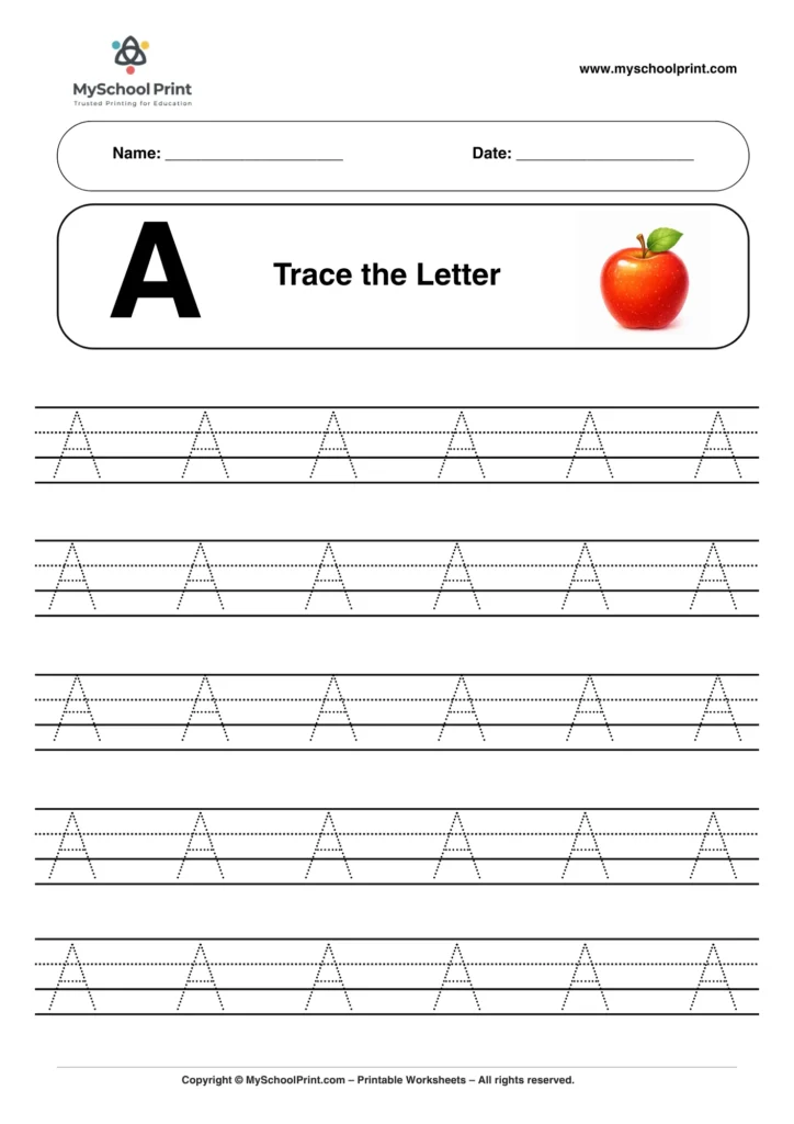 Printable uppercase letter A tracing worksheet for children