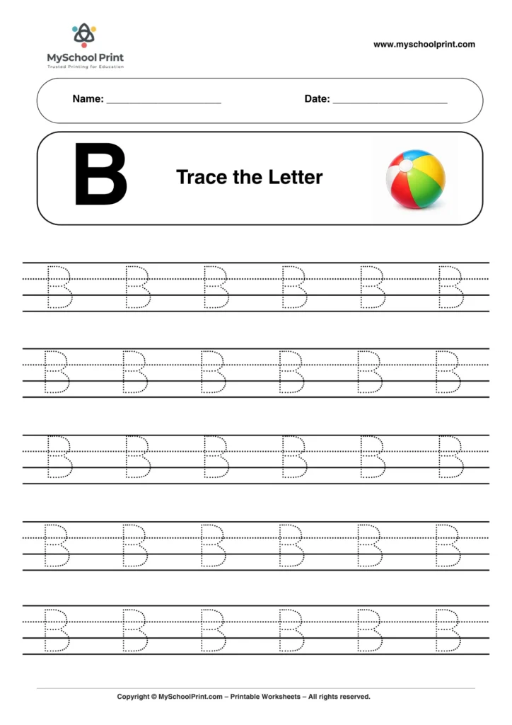 Printable uppercase letter B tracing worksheet for children