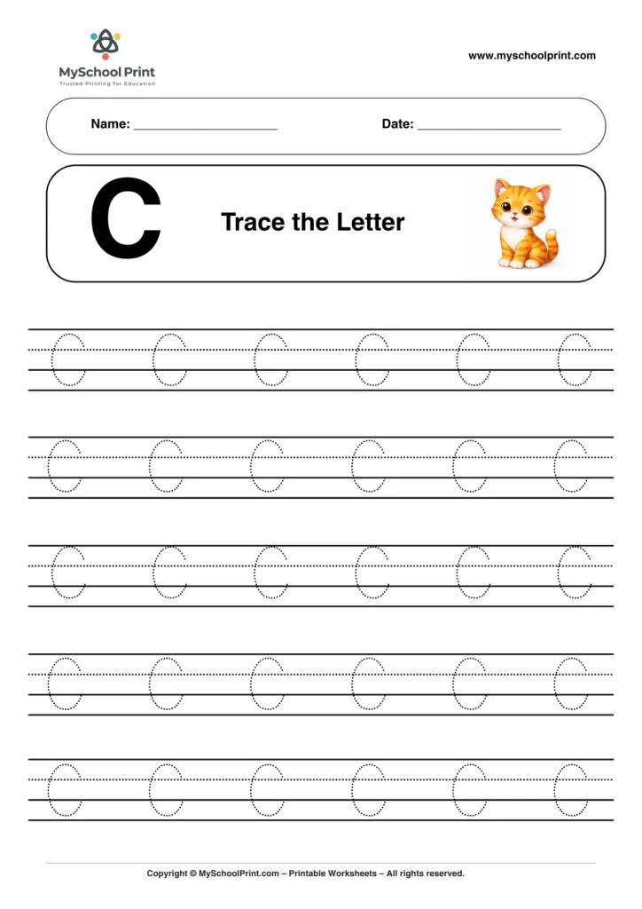 Printable uppercase letter C tracing worksheet for children