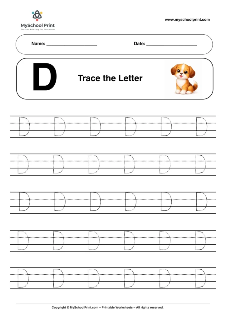 Printable uppercase letter D tracing worksheet for children