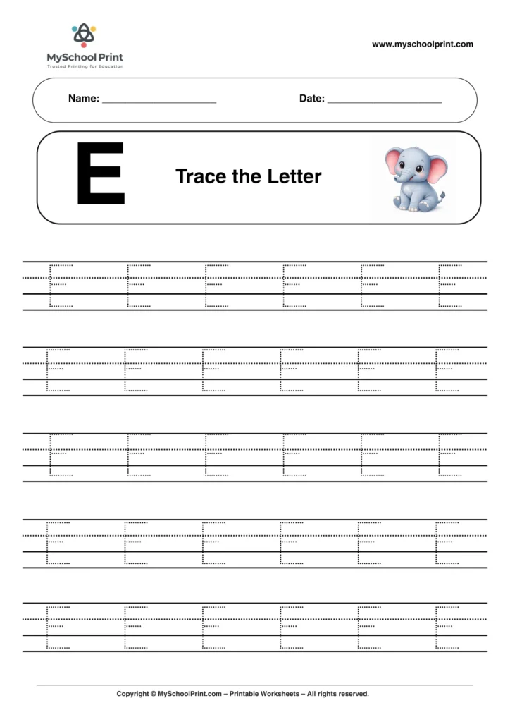 Printable uppercase letter E tracing worksheet for children