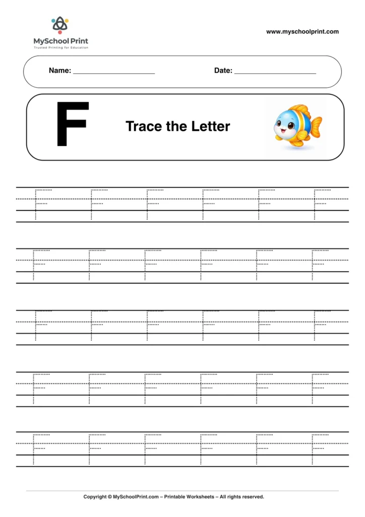 Printable uppercase letter F tracing worksheet for children