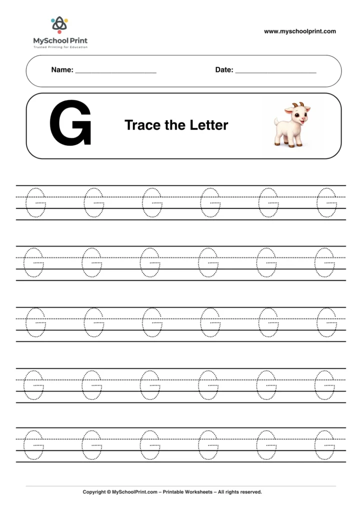 Printable uppercase letter G tracing worksheet for children