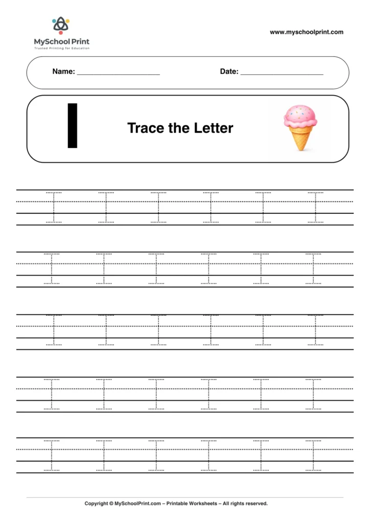Printable uppercase letter I tracing worksheet for children