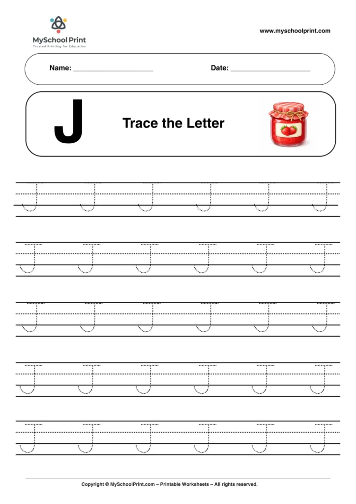 Printable uppercase letter J tracing worksheet for children