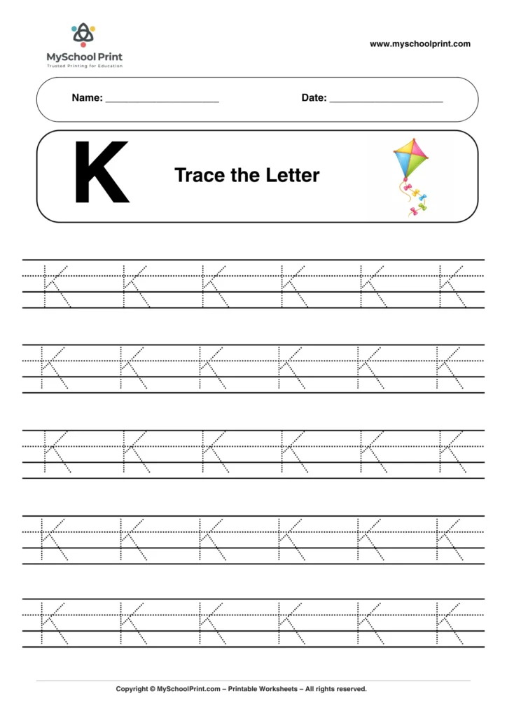 Printable uppercase letter K tracing worksheet for children