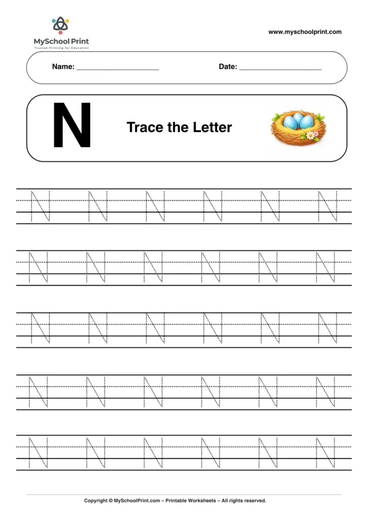 Printable uppercase letter N tracing worksheet for children