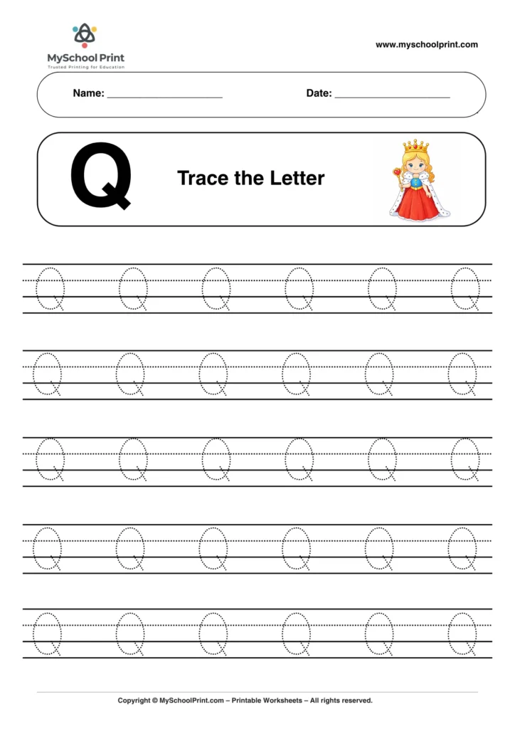 Printable uppercase letter Q tracing worksheet for children