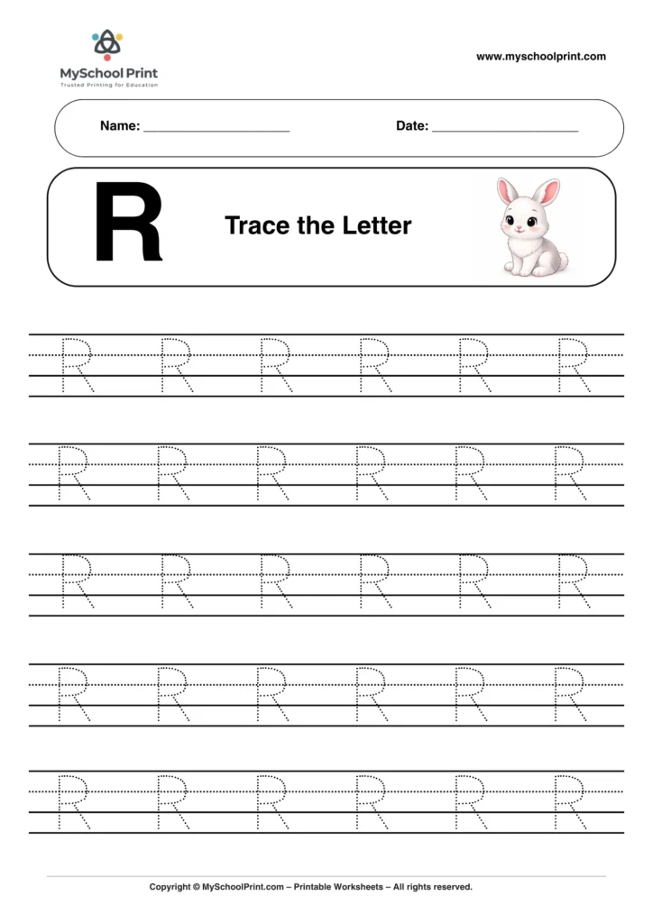 Printable uppercase letter R tracing worksheet for children