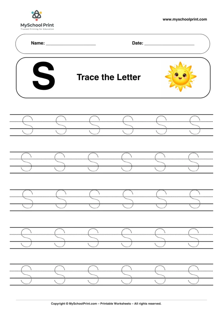 Printable uppercase letter S tracing worksheet for children