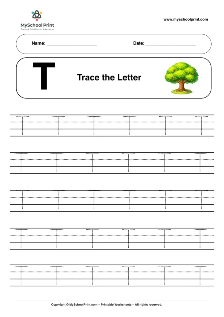 Printable uppercase letter T tracing worksheet for children