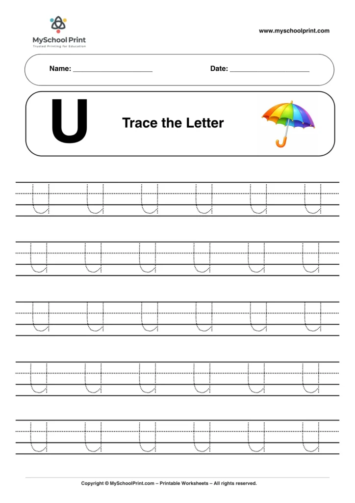Printable uppercase letter U tracing worksheet for children