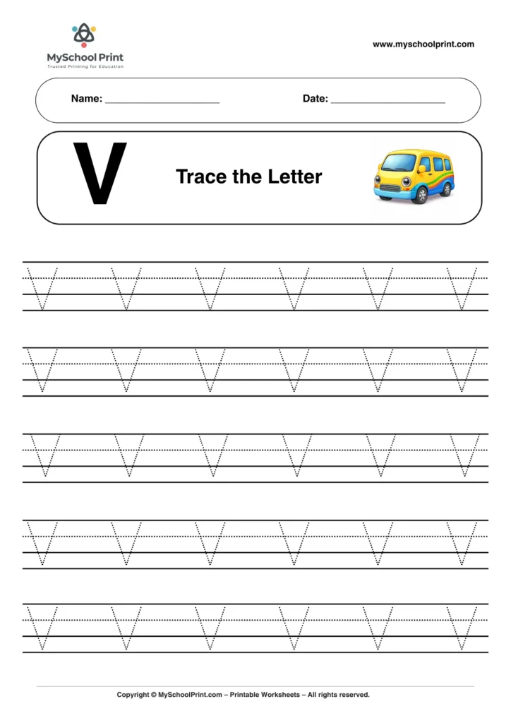 Printable uppercase letter V tracing worksheet for children