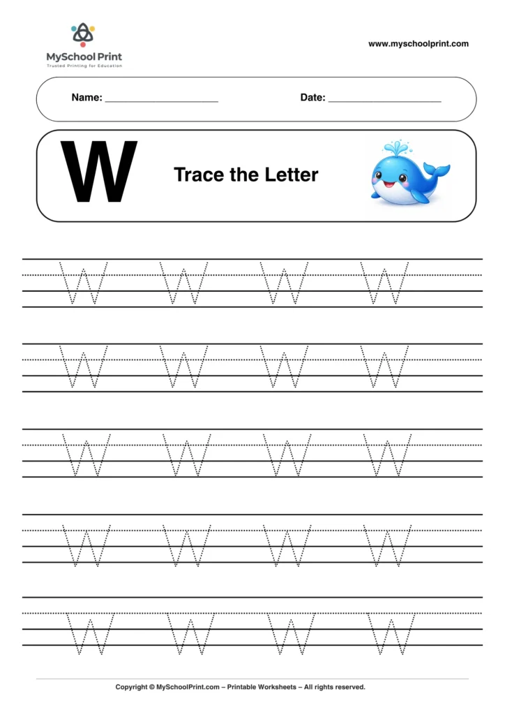 Printable uppercase letter W tracing worksheet for children