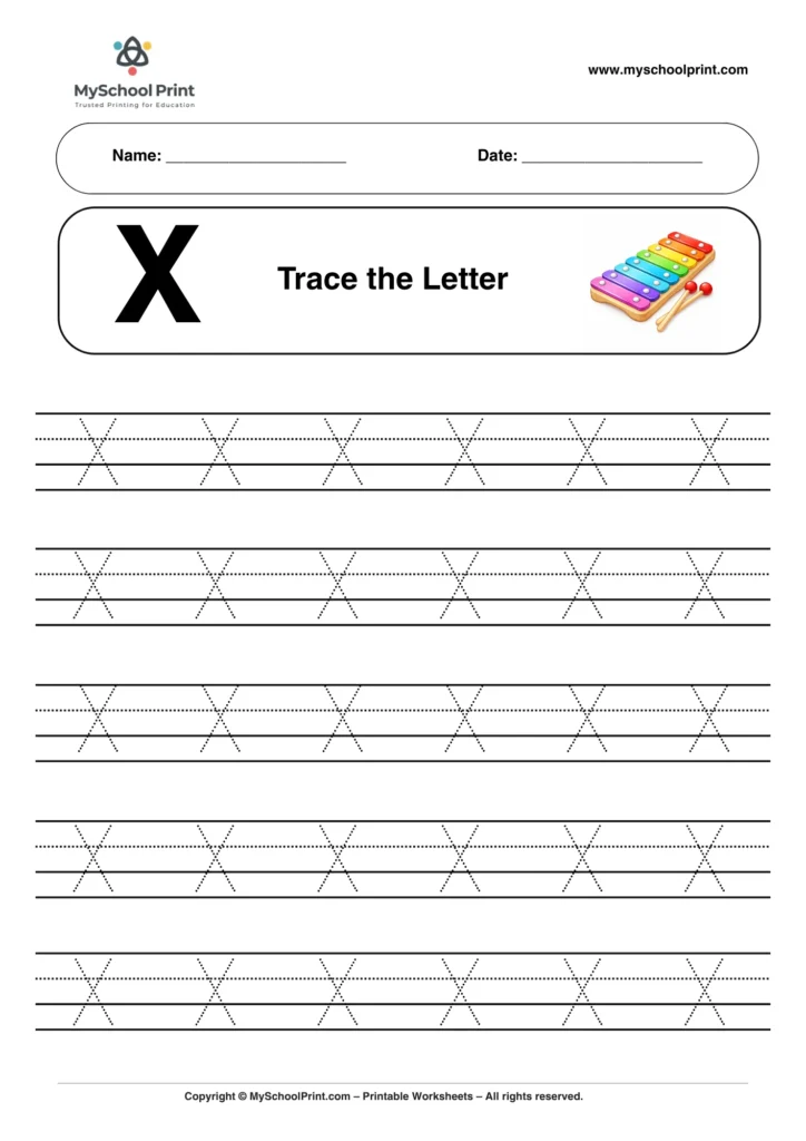 Printable uppercase letter X tracing worksheet for children