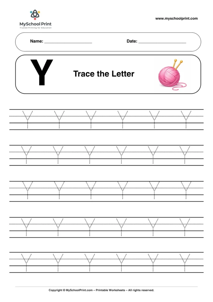Printable uppercase letter Y tracing worksheet for children