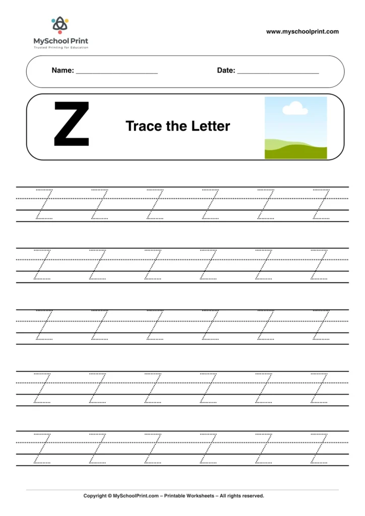 Printable uppercase letter Z tracing worksheet for children